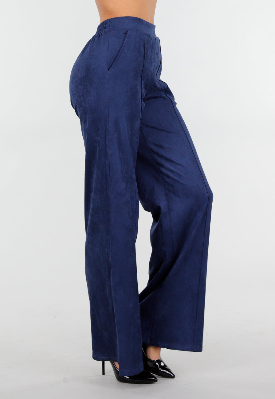 Donkerblauwe Straight Leg Suède Pantalon met Rechte Pijpen