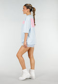 Lichtblauw T-shirt met Roze Print en Korte Mouwen en Ronde Hals