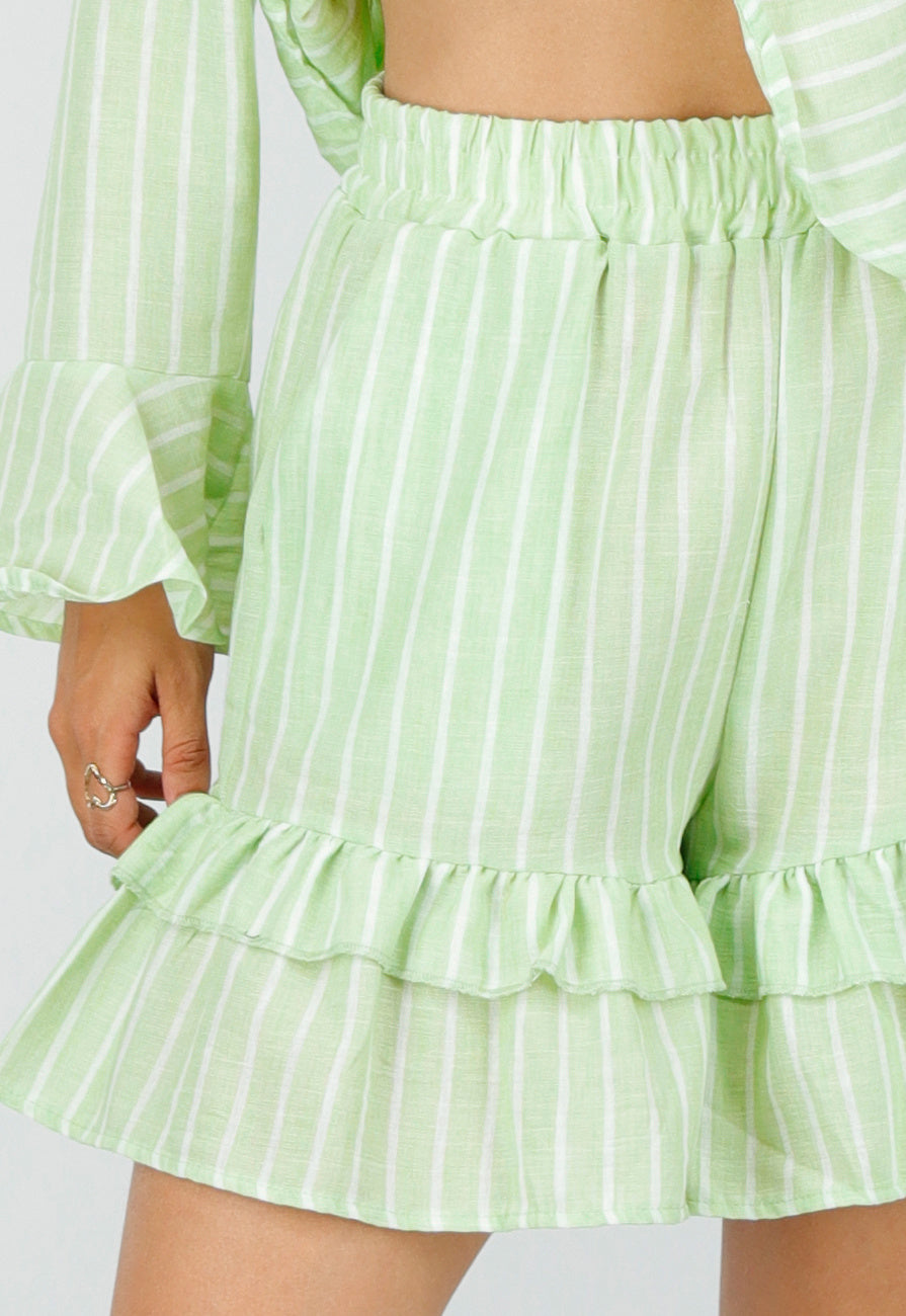 Lichtgroene Gestreepte Two Piece Set met Blouse en Rucheshort