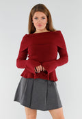 Rode Off Shoulder Gebreide Trui met Uitlopende Mouwen