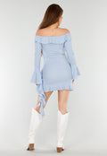 Lichtblauwe Off-Shoulder Jurk met Ruches en Stretchstof