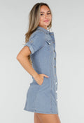Lichtblauwe Denim Blousejurk met Korte Mouwen en Knoopsluiting