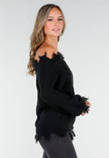 Zwarte Off-Shoulder Trui met Franje Detail