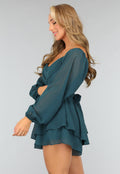Donkergroene Chiffon Ruffle Playsuit met Strikdetail