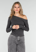 Donkergrijze One Shoulder Top met Lange Mouwen