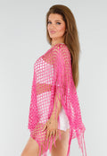 Fuchsia Netstof Cover-Up met Franjes en Open Ruitpatroon