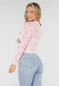 Lichtroze Crop Top met Kant en Lange Mouwen