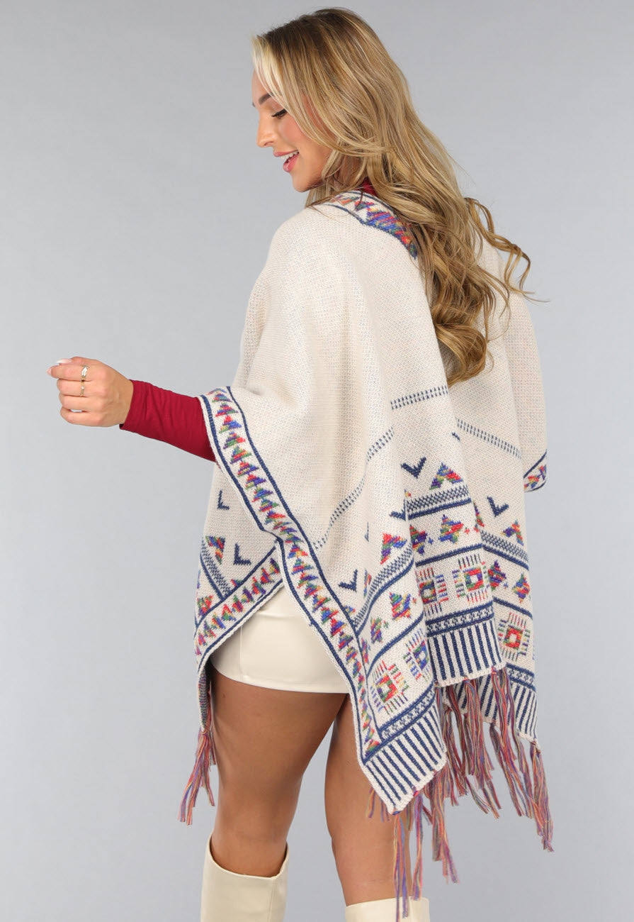 Beige Print Cardigan met Franjes
