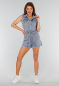 Mouwloze Blauwe Denim Stretch Playsuit met Ceintuur