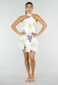 Witte Halter Mini Jurk met Bloemenprint en Open Rug
