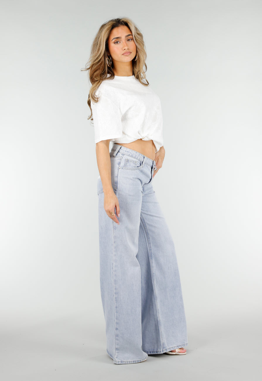 Lichtblauwe Wide Leg Jeans met Backprint en Stretch