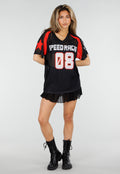 Zwart Rood Mesh Jersey T-Shirt met Print en V-hals