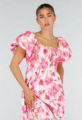 Roze Bloemen Maxi Jurk met Pofmouwen en Gesmokte Taille
