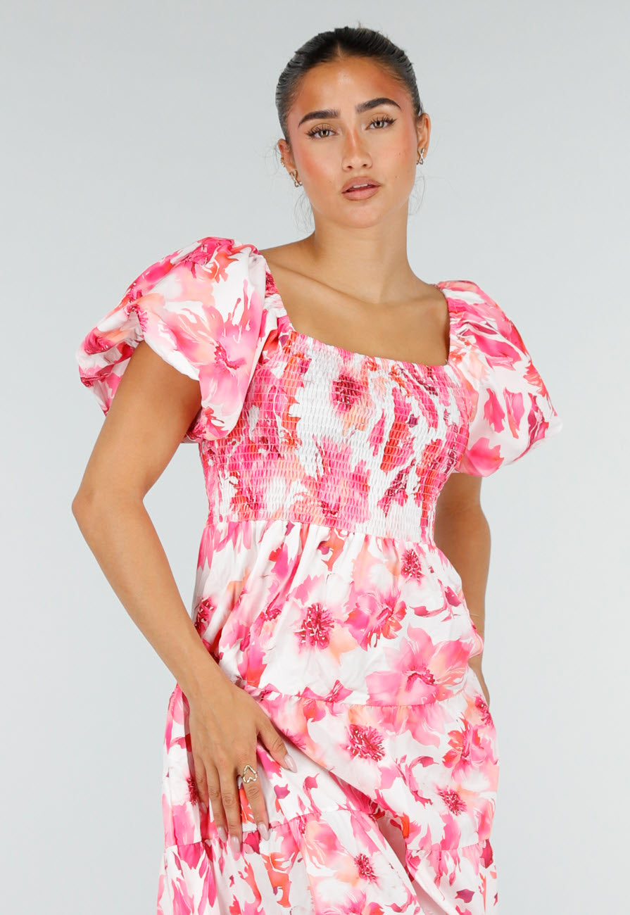 Roze Bloemen Maxi Jurk met Pofmouwen en Gesmokte Taille