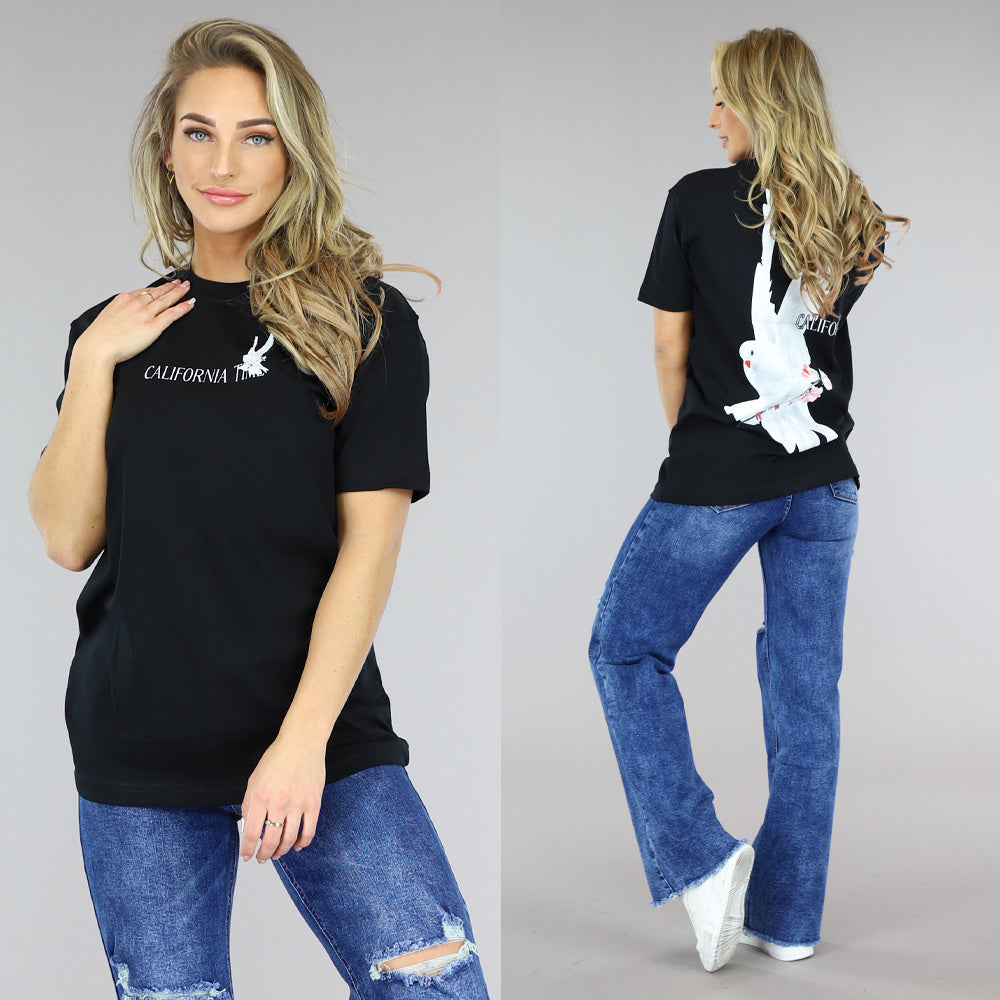 Zwart Oversized T-Shirt met Duif Print