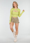 Olijfgroene Bolero Top met Lange Mouwen en Stretch