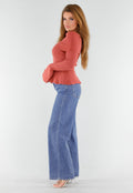 Terracotta Off Shoulder Gebreide Trui met Uitlopende Mouwen