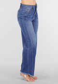 Blauwe High Waist Wide Leg Jeans met Subtiele Wassing en Rafelige Zoom