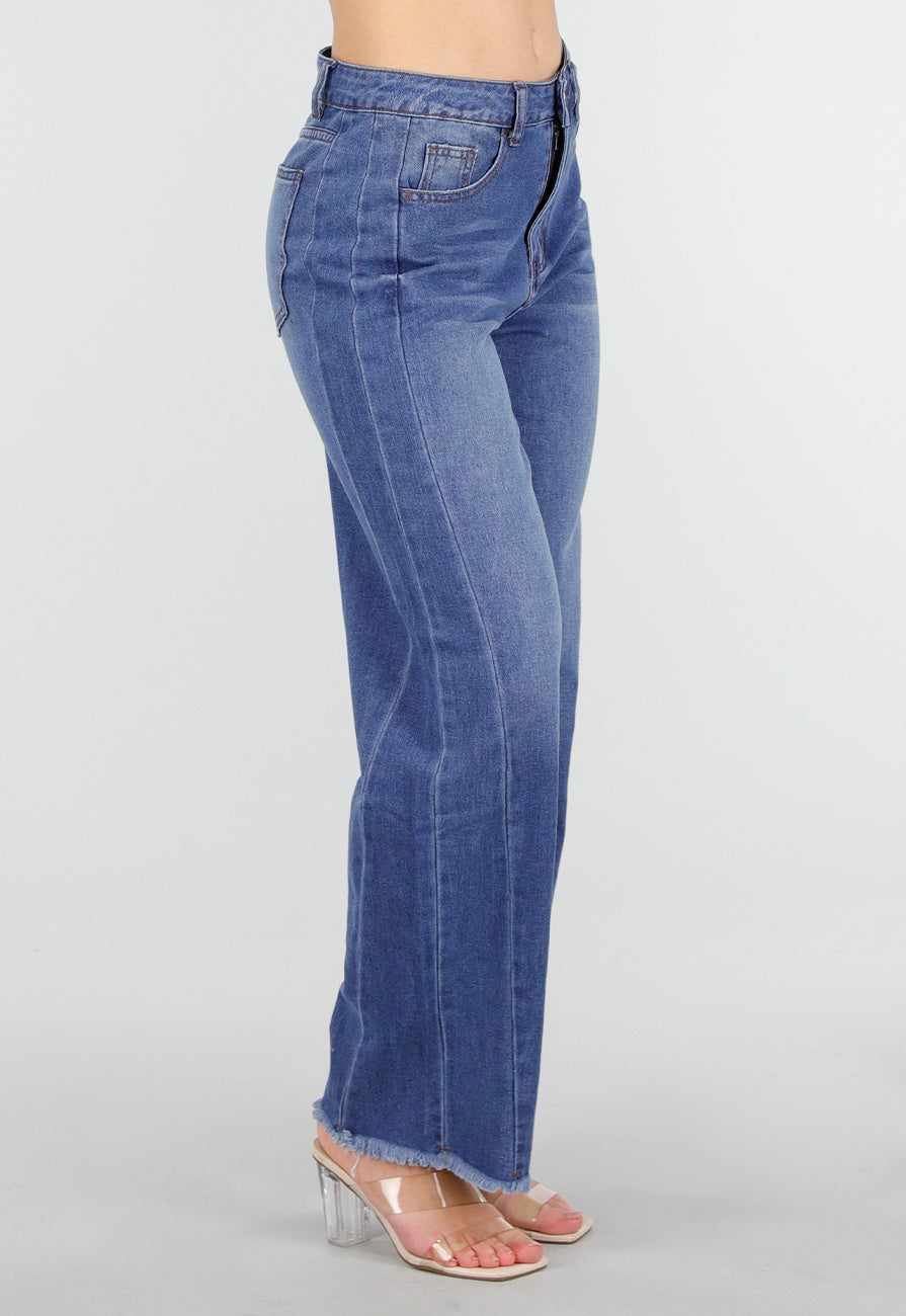 Blauwe High Waist Wide Leg Jeans met Subtiele Wassing en Rafelige Zoom