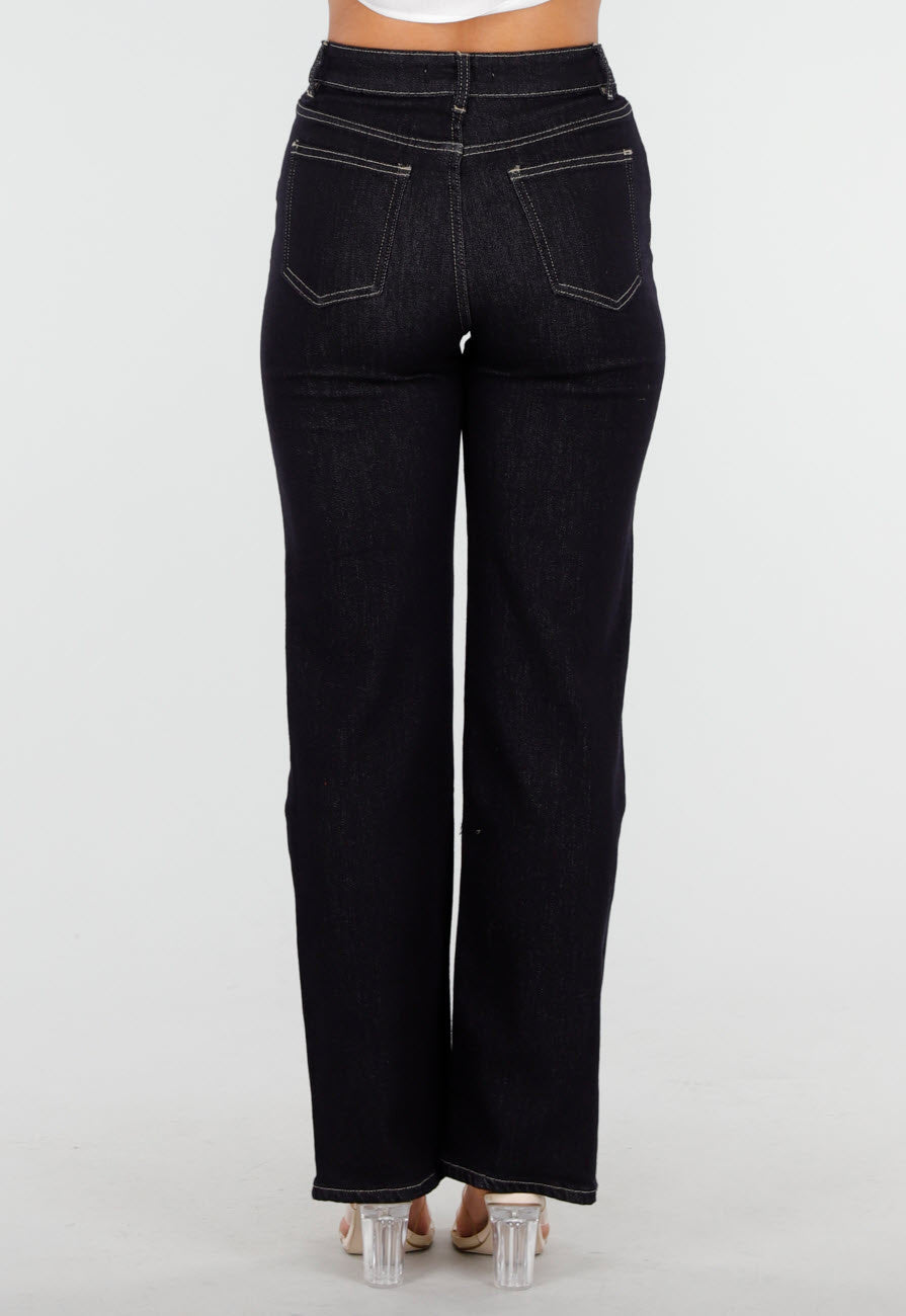 Donkerblauwe High Waist Overslag Wide Leg Jeans met Rechte Pijpen