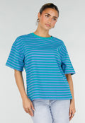 Blauw Groene Gestreepte T-shirt met Ronde Hals en Korte Mouwen