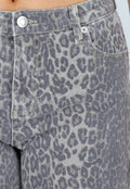 Grijze Denim Leopard Print Wide Leg Jeans met Stretch