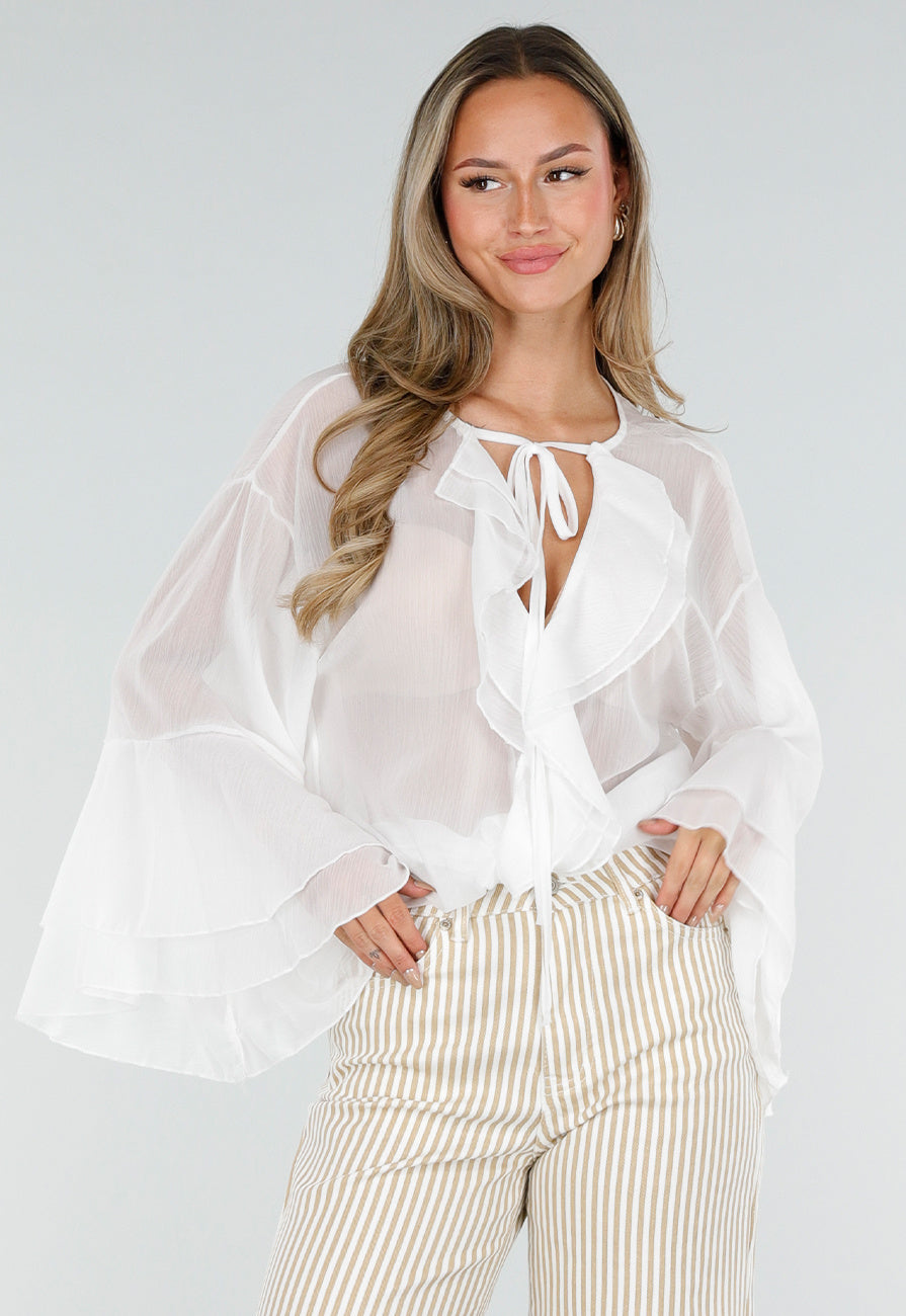 Witte Chiffon Blouse met Ruches en Knoopsluiting