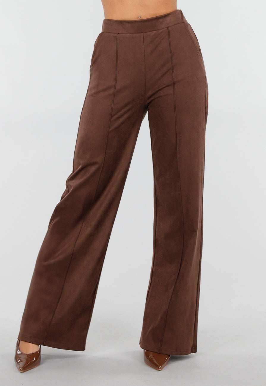 Bruine Suède Pantalon met Rechte Pijpen en Naaddetails