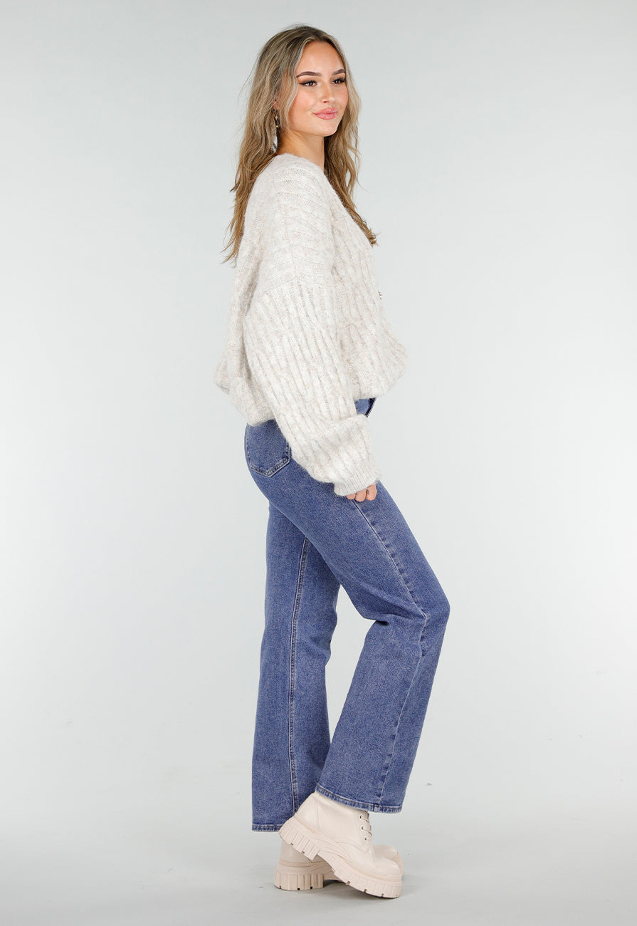 Beige Gebreid Oversized Vest met Goudkleurige Knopen