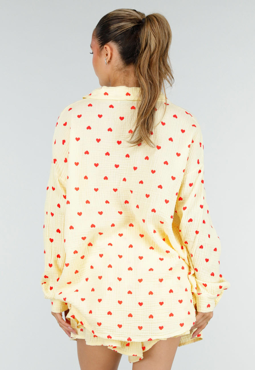 Gele Mousseline 2-Piece Set met Hartjesprint en Rokje