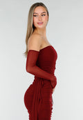Bordeaux Rode Off Shoulder Mesh Jurk met Lange Mouwen