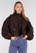 Donkerbruin Cropped Jasje met Pofmouwen en Gouden Knopen