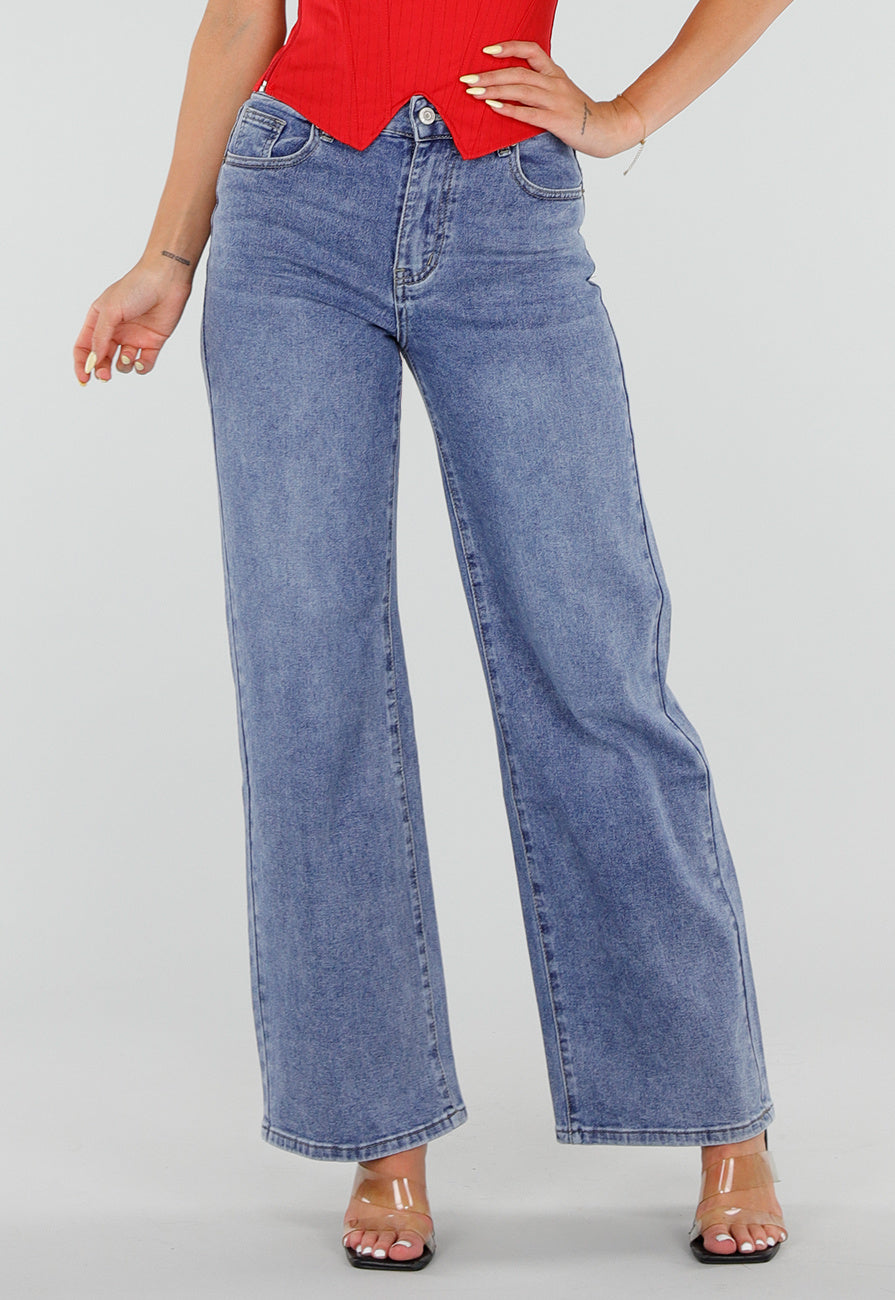 Blauwe Wide Leg Jeans met Ster Achterzak en Lichte Stretch
