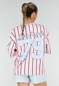 Roze Oversized Jersey Shirt met Blauwe Print en Strepen