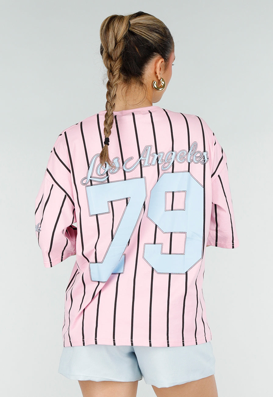 Roze Oversized Jersey Shirt met Blauwe Print en Strepen