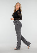 Grijze High Waist Straight Leg Stretch Jeans met Subtiele Wassing