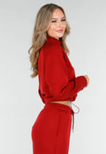 Bordeauxrode Cropped Lounge Trui met Halve Rits en Hoge Kraag