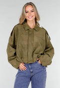 Olijfgroene Oversized Jas van Suède Look met Kraag en Lange Mouwen