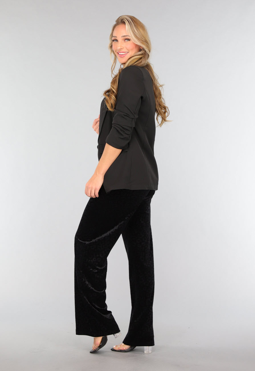Zwarte Fluwelen Wide Leg Panterprint Broek