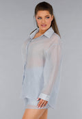 Blauwe Tweedelige Set met Doorschijnende Blouse en Elastische Short