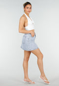 Lichtblauwe Denim Mini Rok met Studs en High Waist