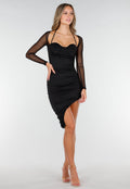 Zwarte Asymmetrische Halter Jurk met Lange Mouwen en Mesh
