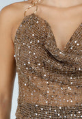 Bruine Pailletten Halter Top met Gouden Ringdetails
