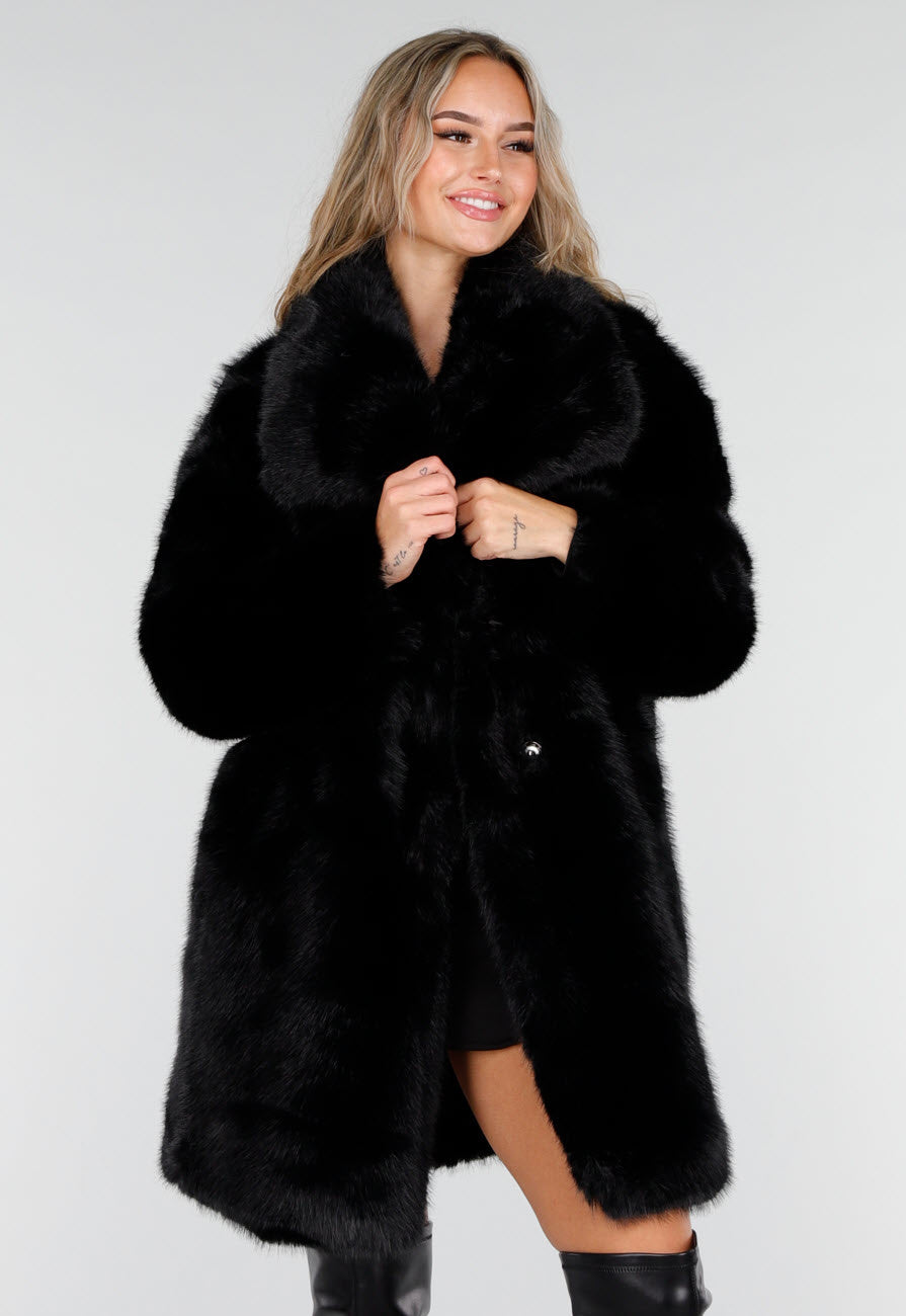 Zwarte Faux Fur Jas met Brede Kraag