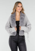 Grijs Gebreid Vest met Faux Fur Kraag en Strikdetails