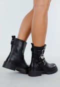 Zwarte Biker Boots met Gespen, Chunky Zool en Hartdetail