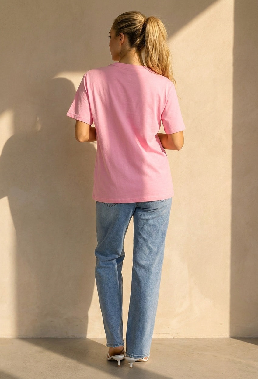 Roze Basic T-Shirt met Ronde Hals en Korte Mouwen