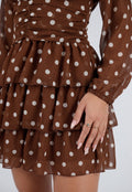 Bruine Polkadot Mini Jurk met Lange Mouwen en Hoge Hals