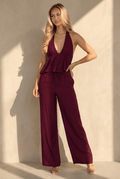Bordeaux Halter Top en Wide Leg Broek Set met Open Rug
