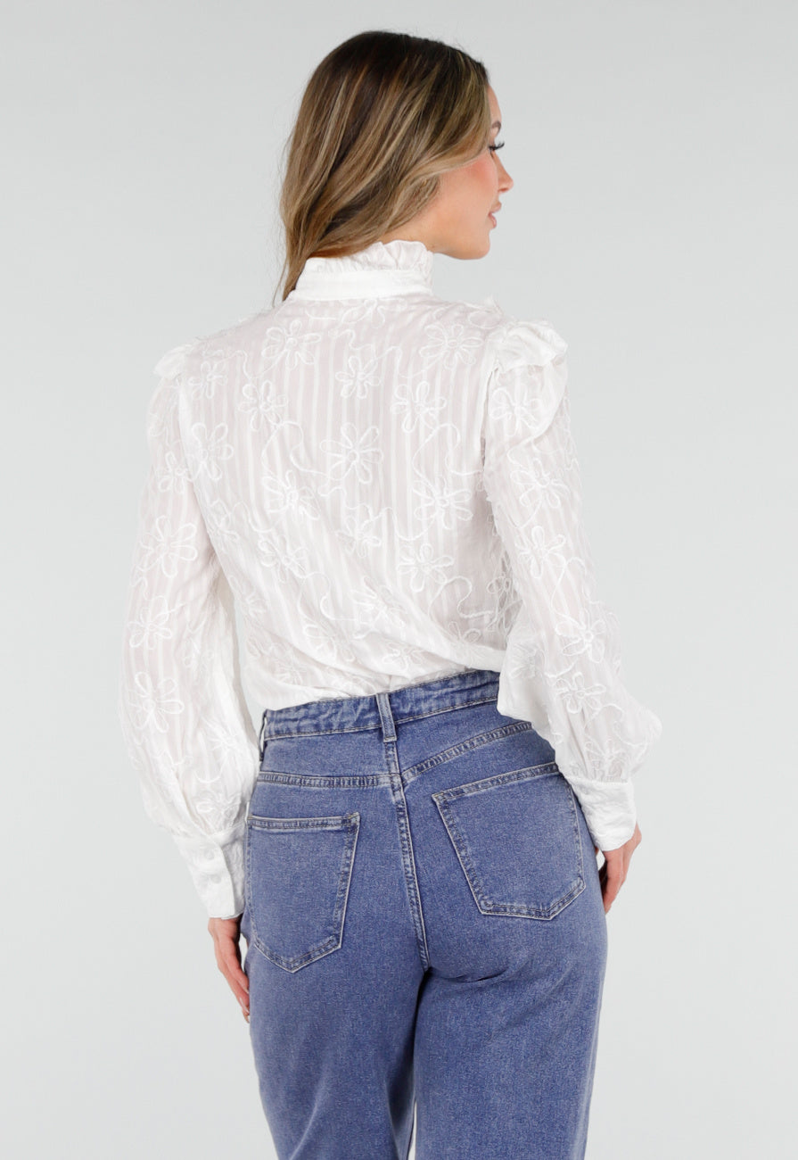 Witte Blouse met Ruches en Lange Mouwen